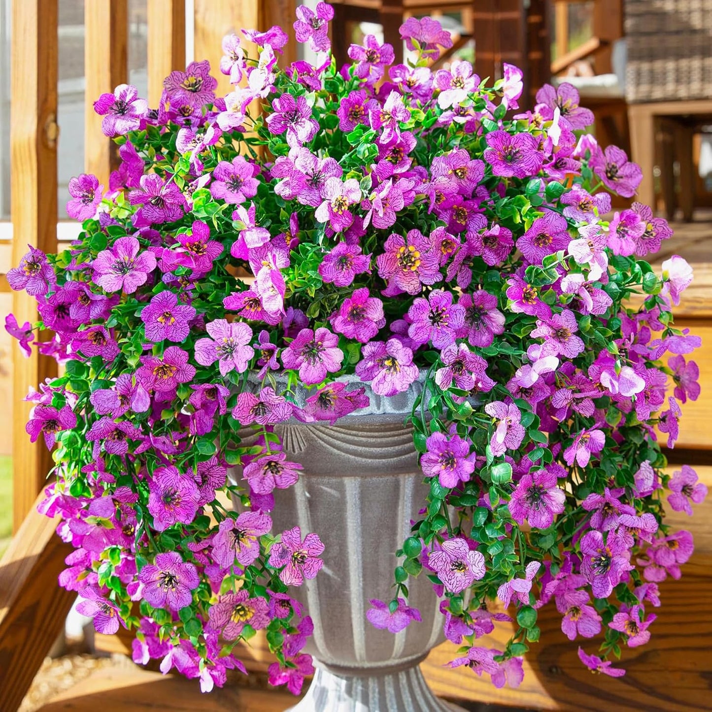 Artificial Faux Hanging Flowers Plants for Outdoor Decor, 2 PCS Outside Fake Silk Violets with Eucalyptus UV Resistant Realistic Daisy Trailing Vines for Planter Front Door Balcony Patio Yard, Purple