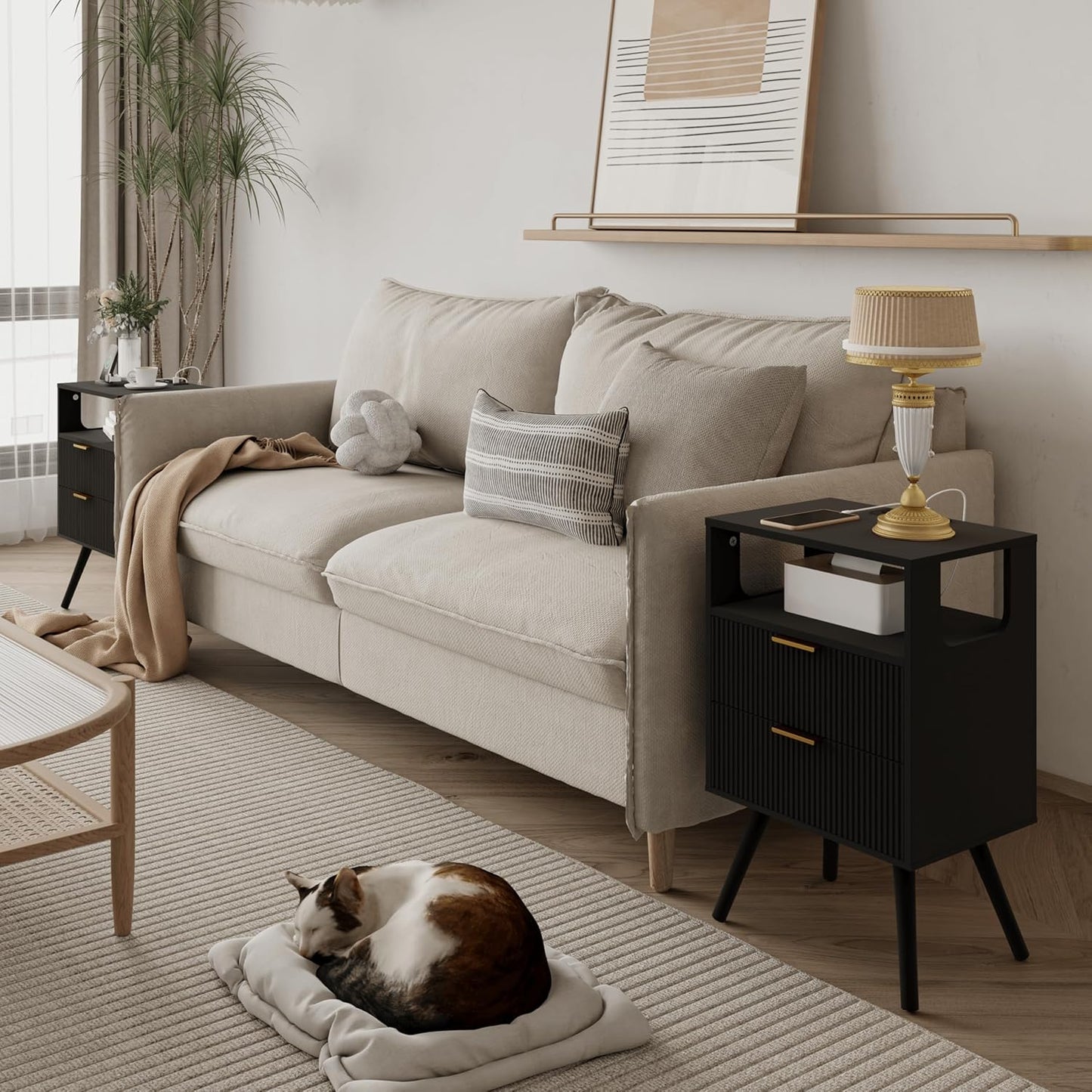 Black Nightstand with Charging Station and LED Lights,Modern Bedside Table with 2 Storage Drawer and Open Wood Shelf, for Bedroom and Small Spaces,Night Stand with Solid Wood Legs,Black