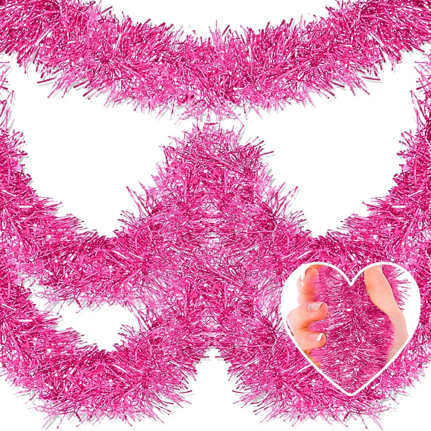 25 Feet Metallic Twist Tinsel Garland - Wall Hanging Backdrop for Holidays (Pink, 4in x 25ft)