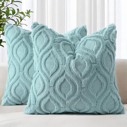 decorUhome Fall Throw Pillow Covers 24x24 Inch Set of 2, Soft Plush Decorative Faux Fur Aqua Solid Couch Pillow Covers, Accent Farmhouse Neutral Square Euro Pillow Cases for Sofa Bed Living Room