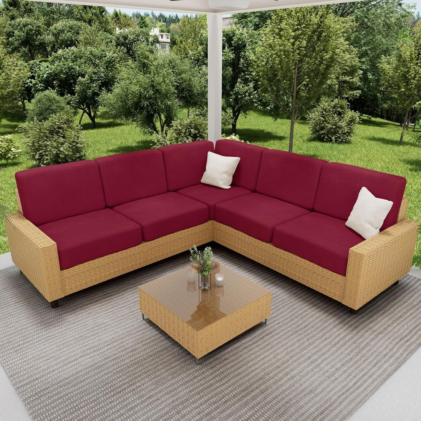 hyha Waterproof Sectional Couch Covers, Non Slip Sofa Couch Cushion Covers L Shape, Thick Stretch Jacquard Fabric, Washable Sofa Slipcovers with Elastic Bottom (1 Piece for Chaise, Wine Red)