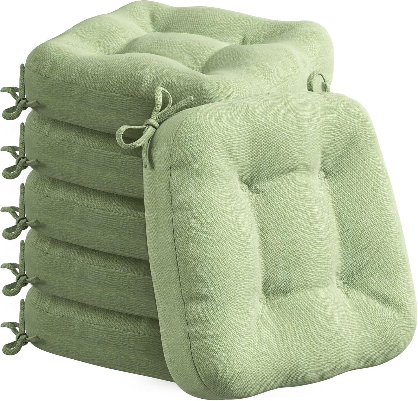 Codi 6 Pack Dining Chair Cushions, Thick Chairs Pads for Indoor Kitchen Room - Washable, Non-Slip Seat Cushion with Ties, 16.5"x16.5"x 3.5", Set of 6, Sage