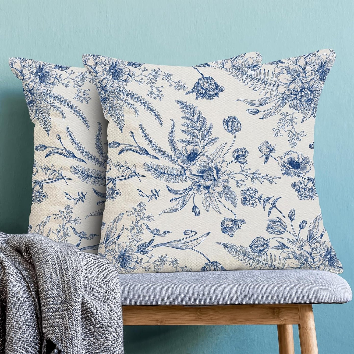 CXMEIFLY Spring Floral Leaves Pillow Covers 18 x 18 Inch Set of 2 for Chinoiserie Flowers Decor Throw Pillows Blue and White Seasonal Plant Outdoor Decorative Cushion Cases for Couch Bed Decorations