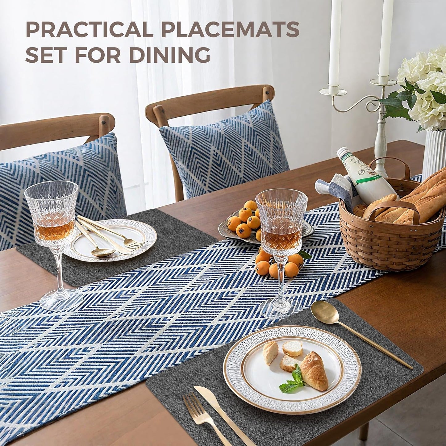 Vinyl Placemats Set of 6, Faux Leather Waterproof and Heat Resistant Place Mats, Washable Anti-Slip Table Mats with Coaster, Wipeable Placemats for Indoor & Outdoor 17" x 12" (Black, Set of 6)