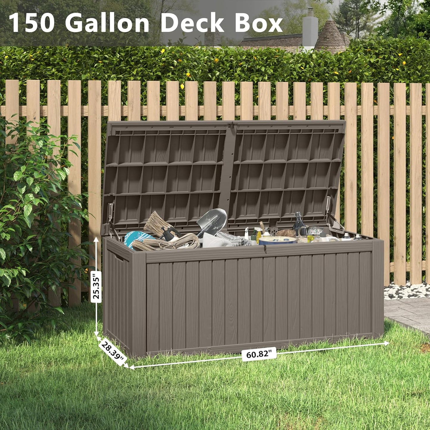 150 Gallon Resin Deck Box, Large Indoor and Outdoor Storage Box, Weatherproof and UV Resistant Outdoor Storage Box with Built-in Steel Beams for Patio, Cushions, Pool Supplies