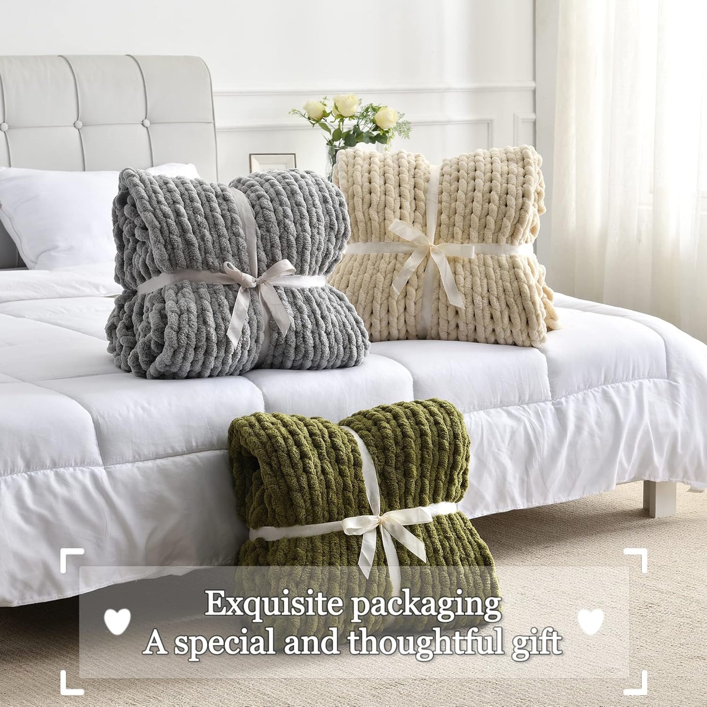 Maetoow Tighter Version Chenille Chunky Knit Blanket Throw （50×60 Inch）, Handmade Warm & Cozy Blanket Couch, Bed, Home Decor, Soft Fleece Banket, Boho Thick Blankets and Giant Yarn Throws，Brown