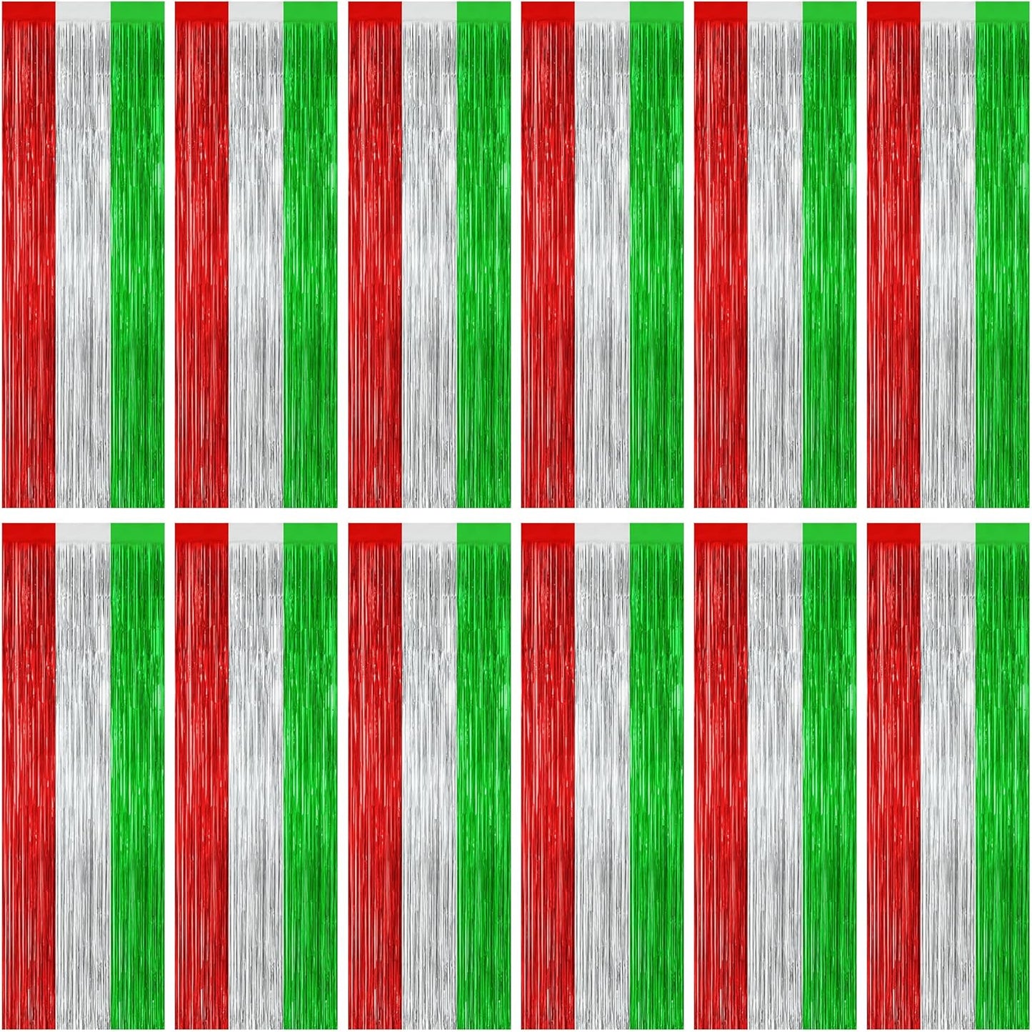 12 Pack Christmas Party Backdrop, 3.28 FT x 7.05 FT Red Silver Green Foil Streamer, Metallic Fringe Curtains Tinsel Streamer, Hanging Christmas Decorations Picture Props Door Decor