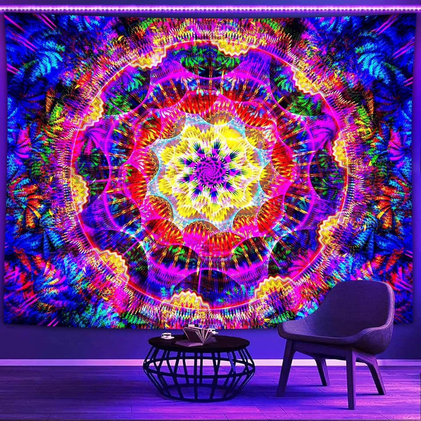 PSYHILAR Blacklight Mandala Tapestry for Bedroom, Psychedelic Black Light Posters for Adults and Teens, Colorful UV Reactive Aesthetic Bohemian Art Wall Hanging Decor (80 x 60 Inches)