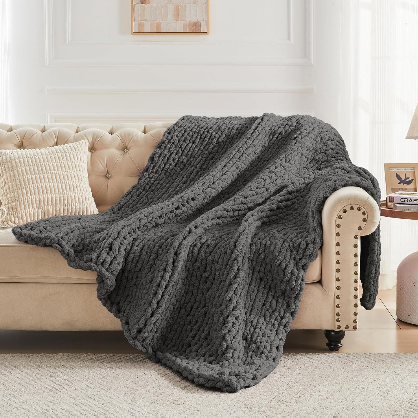 Carriediosa Chunky Knit Throw Blanket 60" X 80" Twin, 100% Hand Made Large Chenille Loop Yarn Soft Fluffy Throws for Couch Sofa Bed, Big Crochet Cozy Heavy Thick Cable Woven Blankets, Dark Grey