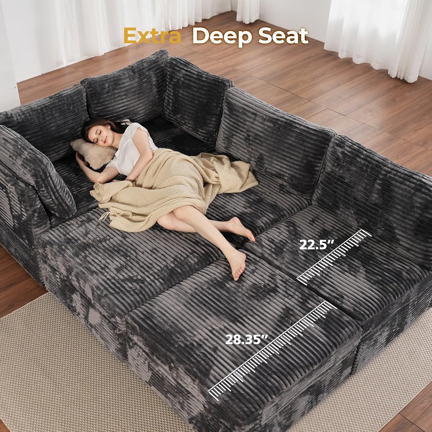 HOOOWOOO Modular Sectional Sofa,8 Pieces Sectional Couches for Living Room,131X98 L Shaped Cloud Couch with Ottoman Chaise Set(Gray Velvet Corduroy)