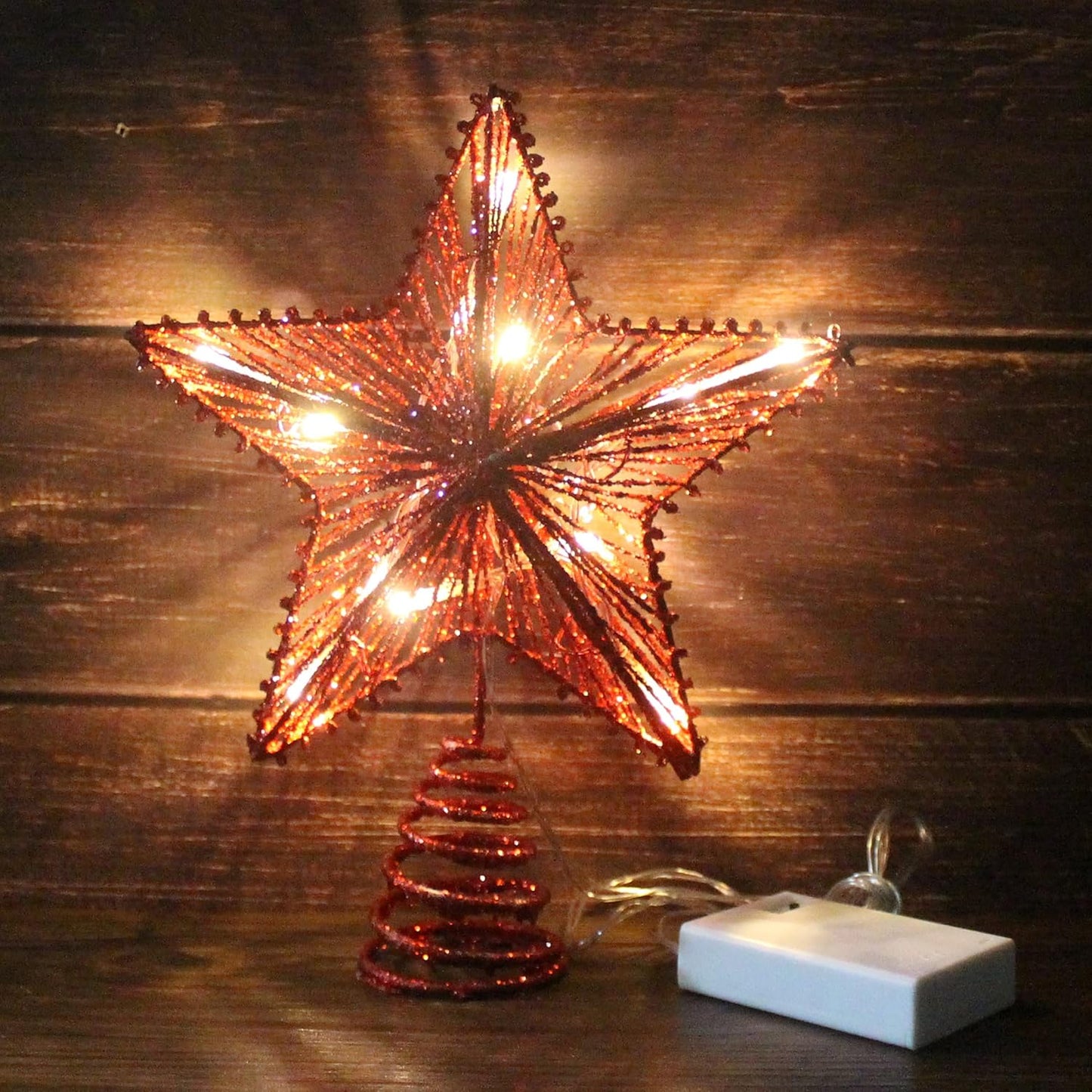 CVHOMEDECO. Red Glittered 3D Tree Top Star with Warm White LED Lights and Timer for Christmas Tree Decoration and Holiday Seasonal Décor, 8 x 10 Inch