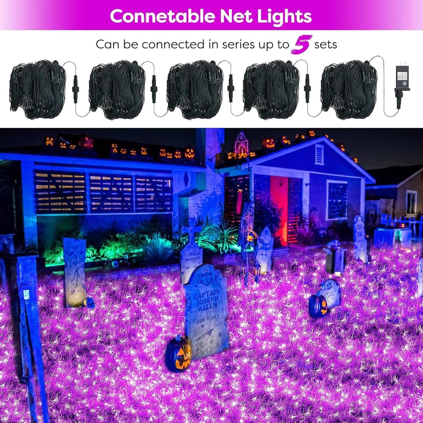 WBao Halloween Lights Outdoor 200LED 8.4ft x 5.2ft Purple Net Lights with 8 Modes, Timer, UL Certified, Connectable, Waterproof & Dark Green Wire for Lawn, Bushes, Trees, Outdoor Halloween Decorations