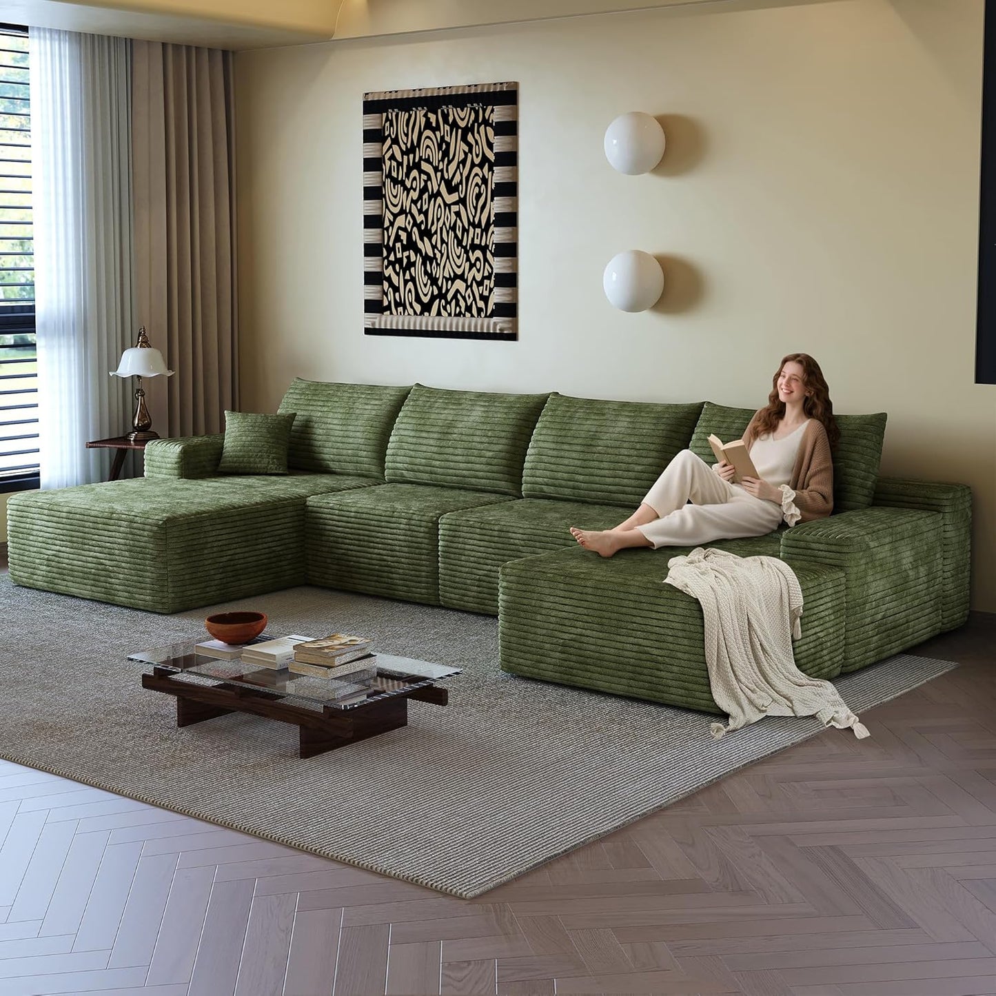 108" Sectional Couches for Living Room Modern Modular Sofa with L-Shape Couchs Upholstered Boneless Couch Deep Seat Sectional Couch with Chaise (Green, Left Facing Chaise+3Seaters+Ottoman)