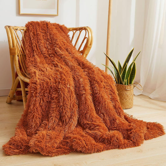 XeGe Luxury Faux Fur Blanket, Burnt Orange Soft Fluffy Bed Throw, Shaggy Plush Big Decorative Couch Throw, Cute Furry Fuzzy Blanket for Sofa Bed, Burnt Orange, 60x90