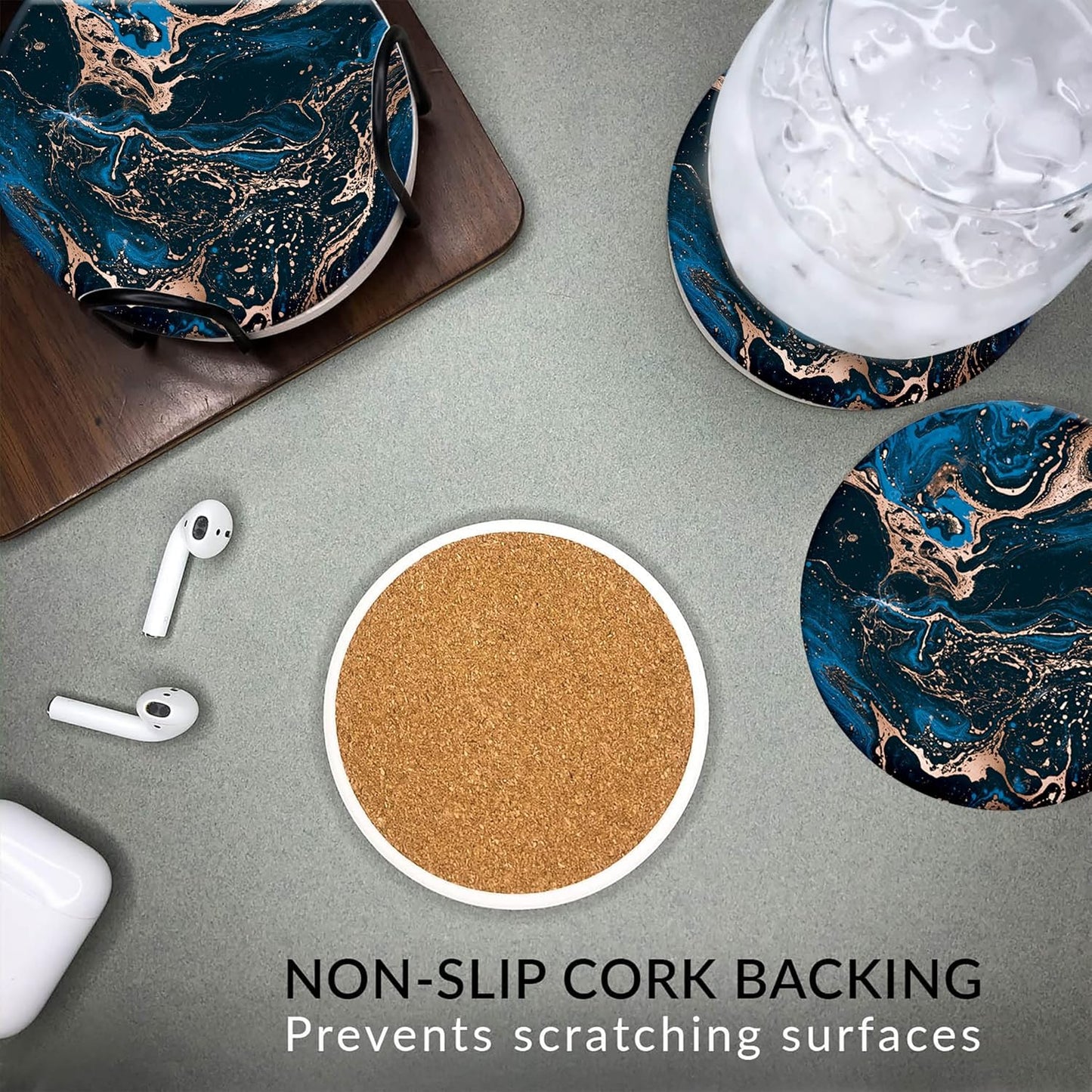 Emerson Coasters for Drinks Absorbent – Natural Stone Drink Coasters Set with Holder, Coasters for Coffee Table, Wooden Tabletop Protection Marble Style – 100% Heavy Duty Set of 6 (Royal)