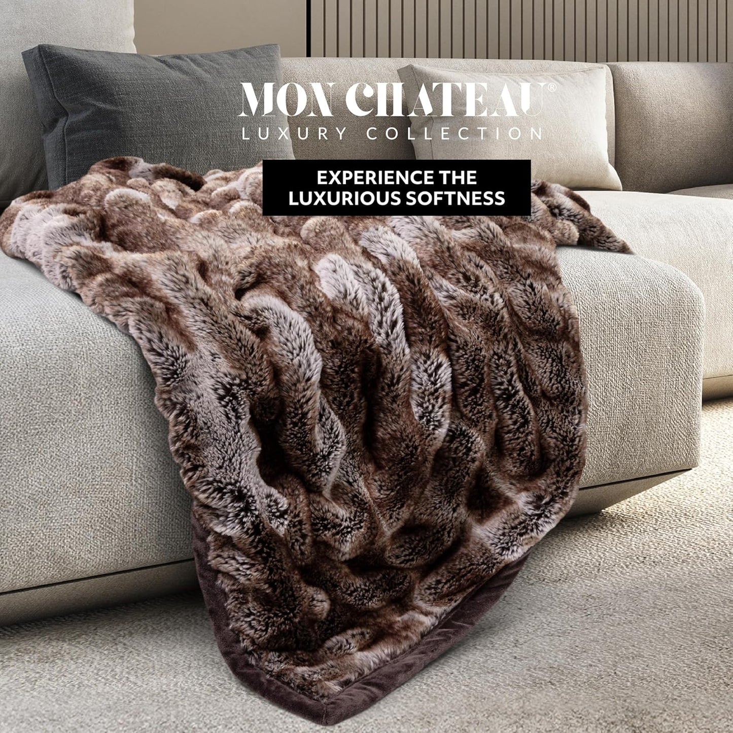 Mon Chateau Premium Reversible Luxury Faux Fur Throw for Couch, Sofa, or Bed - Plush Cozy Soft Blanket for Sleeping or Home Décor, 60" x 70" (Ruched Dark Brown)