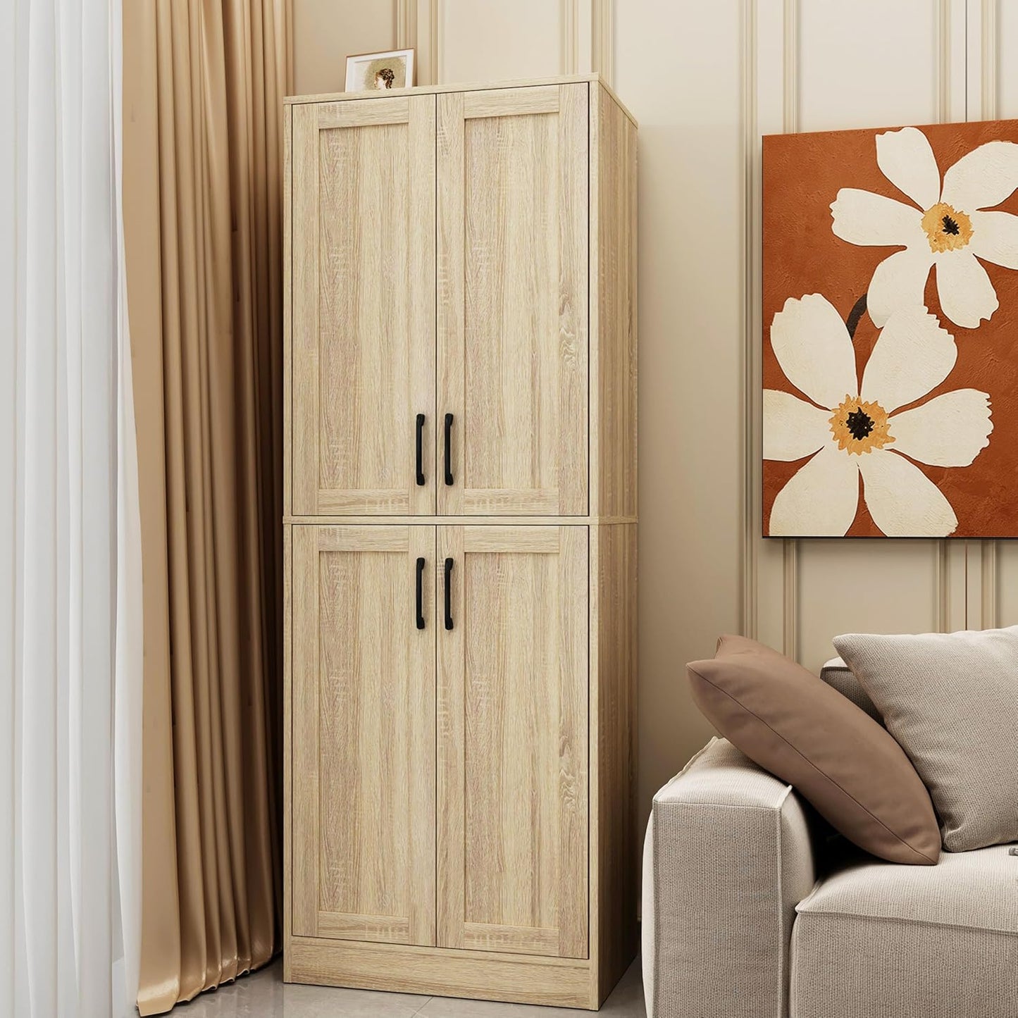 Storage Cabinet, Kitchen Cabinet with Doors & Shelf, Tall Storage Cabinet for Bathroom, Living Room, Entryway,Natural
