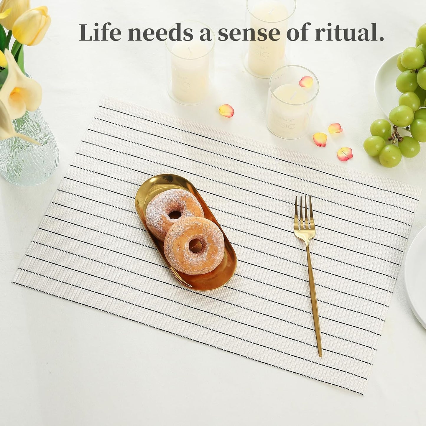 Leetaltree White with Black Stripes Placemats Set of 8 - Heat Resistant Non-Slip Place mats for Dining Table, Washable Durable PVC Vinyl Woven Table Mats（White Stripes, 8）