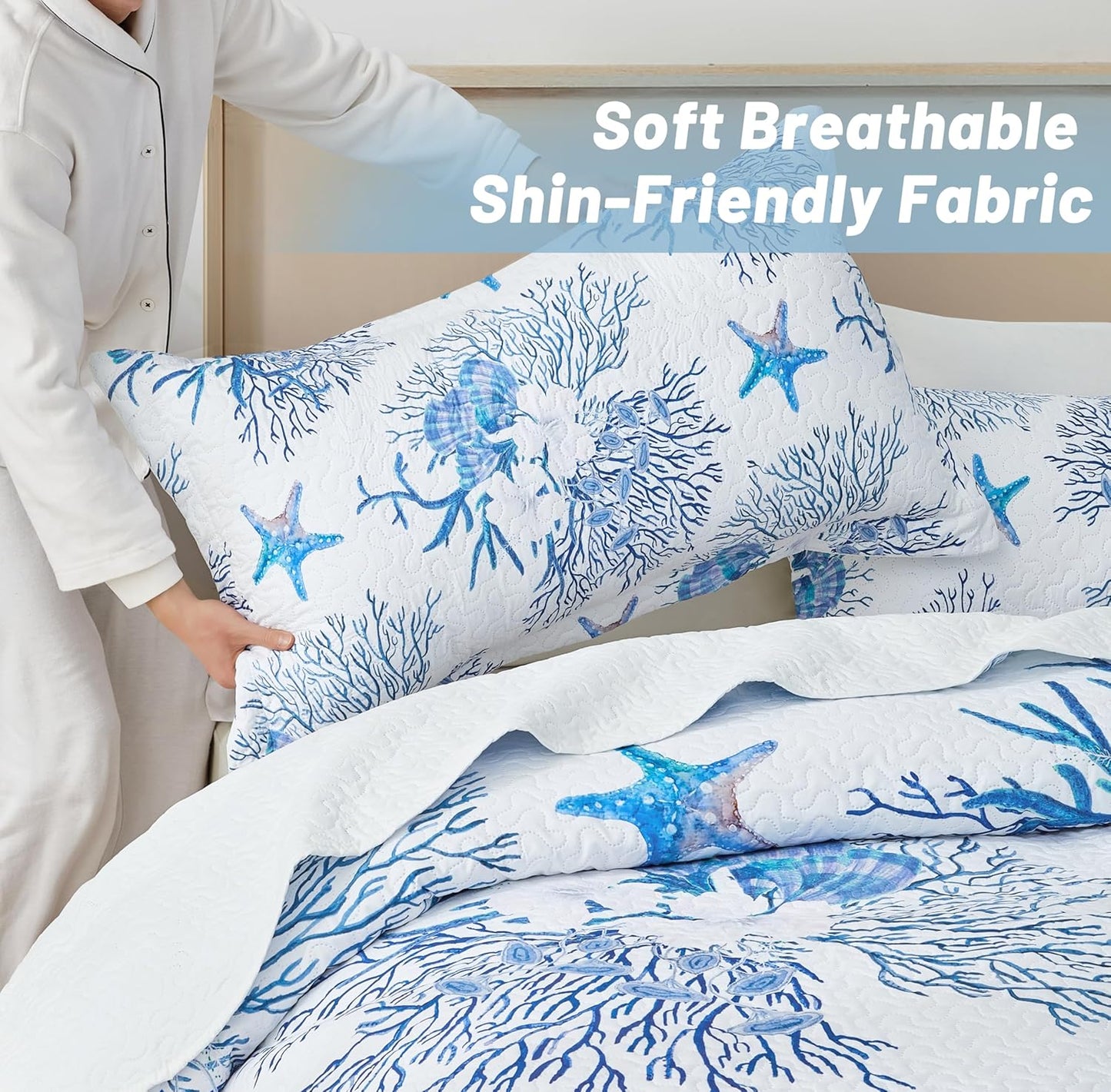 Coastal Bedding King Size Coastal Quilt with Sham, Nautical Beach Comforter Sets Ocean Bedspreads Blue Starfish Coverlet Summer Bedding, 68''x86''