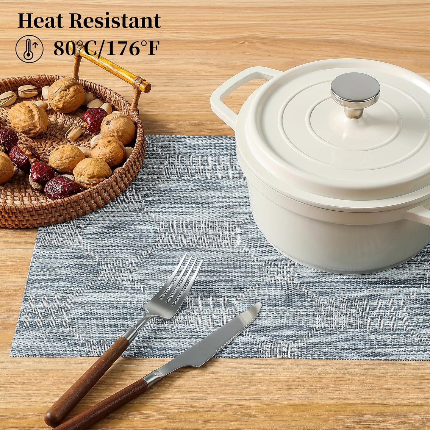 Leetaltree Jacquard Blue Placemats Set of 8 - Heat Resistant Non-Slip Place mats for Dining Table, Washable Durable PVC Vinyl Woven Table Mats(Jacquard Blue, 8)