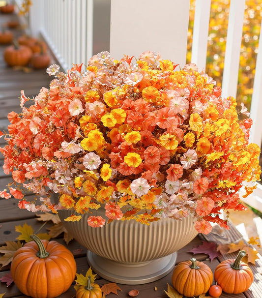 Artificial Mums for Outdoors Fake Fall Flowers Plants for Autumn Decoration, 12 Bundles Silk Morning Glory with Eucalyptus Look Real UV Resistant Faux Mums for Outside Planters Yard Patio Porch, Mix