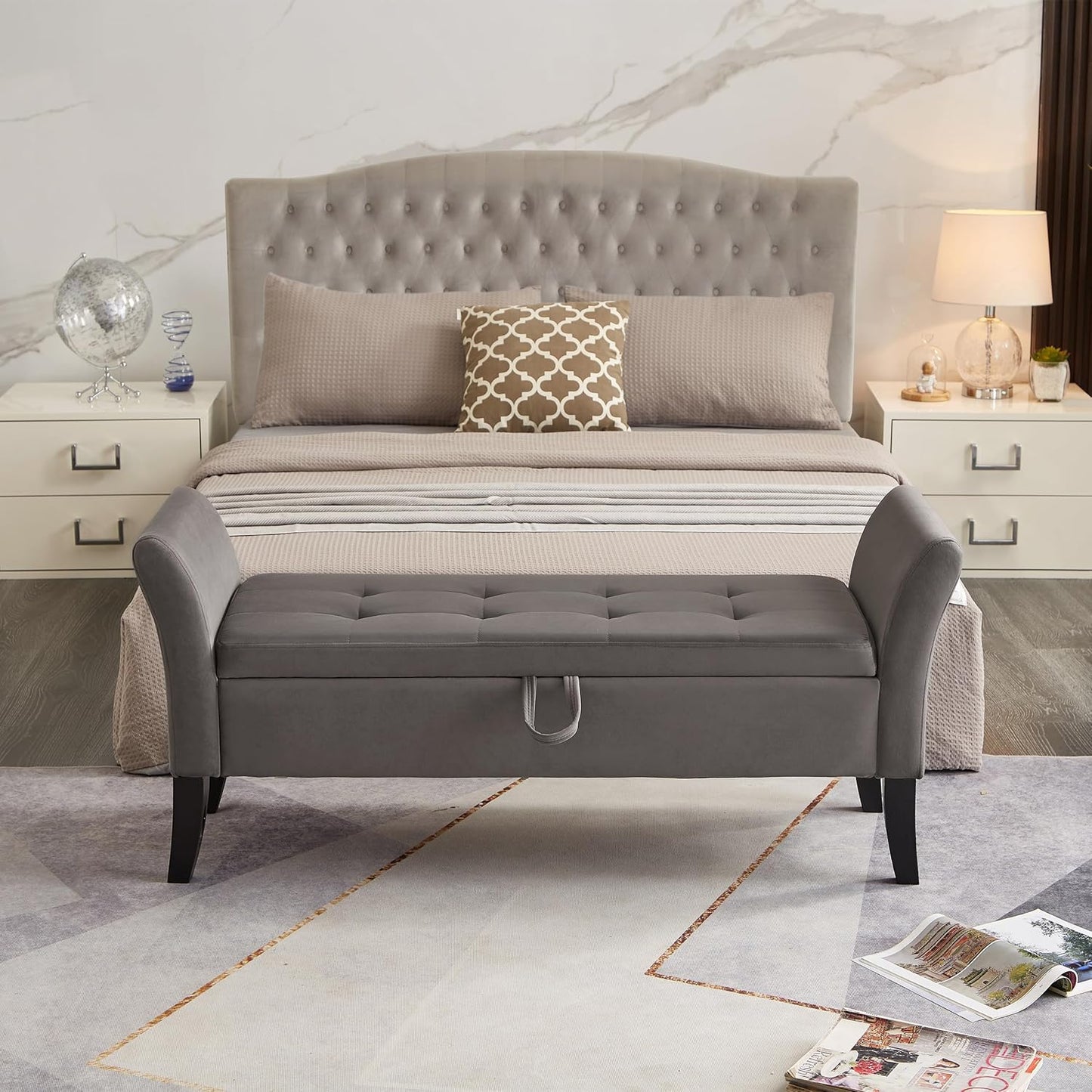 Furniliving 51” Bedroom Bench, End of Bed Bench with Button-Tufted Large Upholstered Storage Bench Ottoman Velvet Window Bench with Storage Shoe Cabinet Bench, for Bedroom, Entryway, Closet, Grey