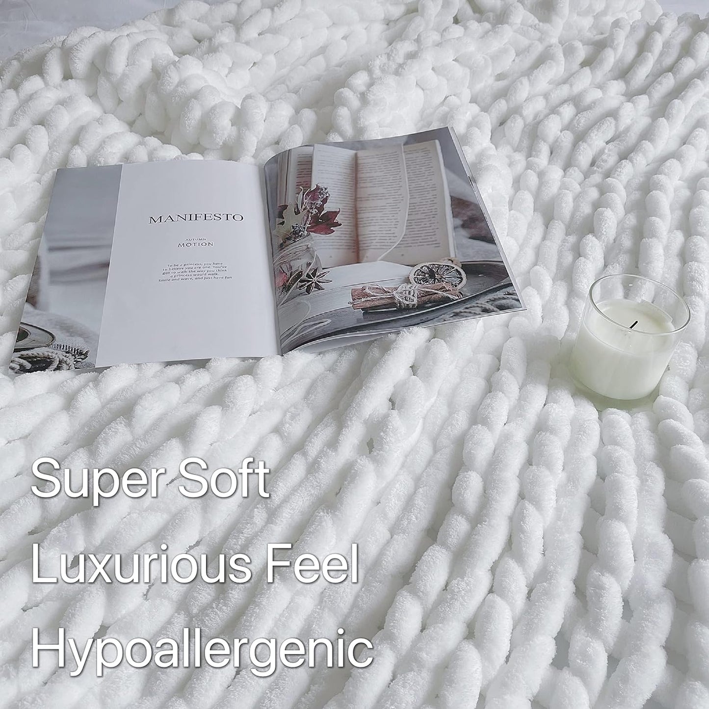 Maetoow Chenille Chunky Knit Blanket Throw （60×80 Inch）, Handmade Warm & Cozy Blanket Couch, Bed, Home Decor, Soft Breathable Fleece Banket, Christmas Thick and Giant Yarn Throws，White