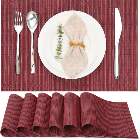 Myir JUN Placemats Set of 6, Vinyl Woven Placemats Place Mats Indoor Washable Table Mats Non-Slip Place mats for Dining Table (Red, Set of 6)