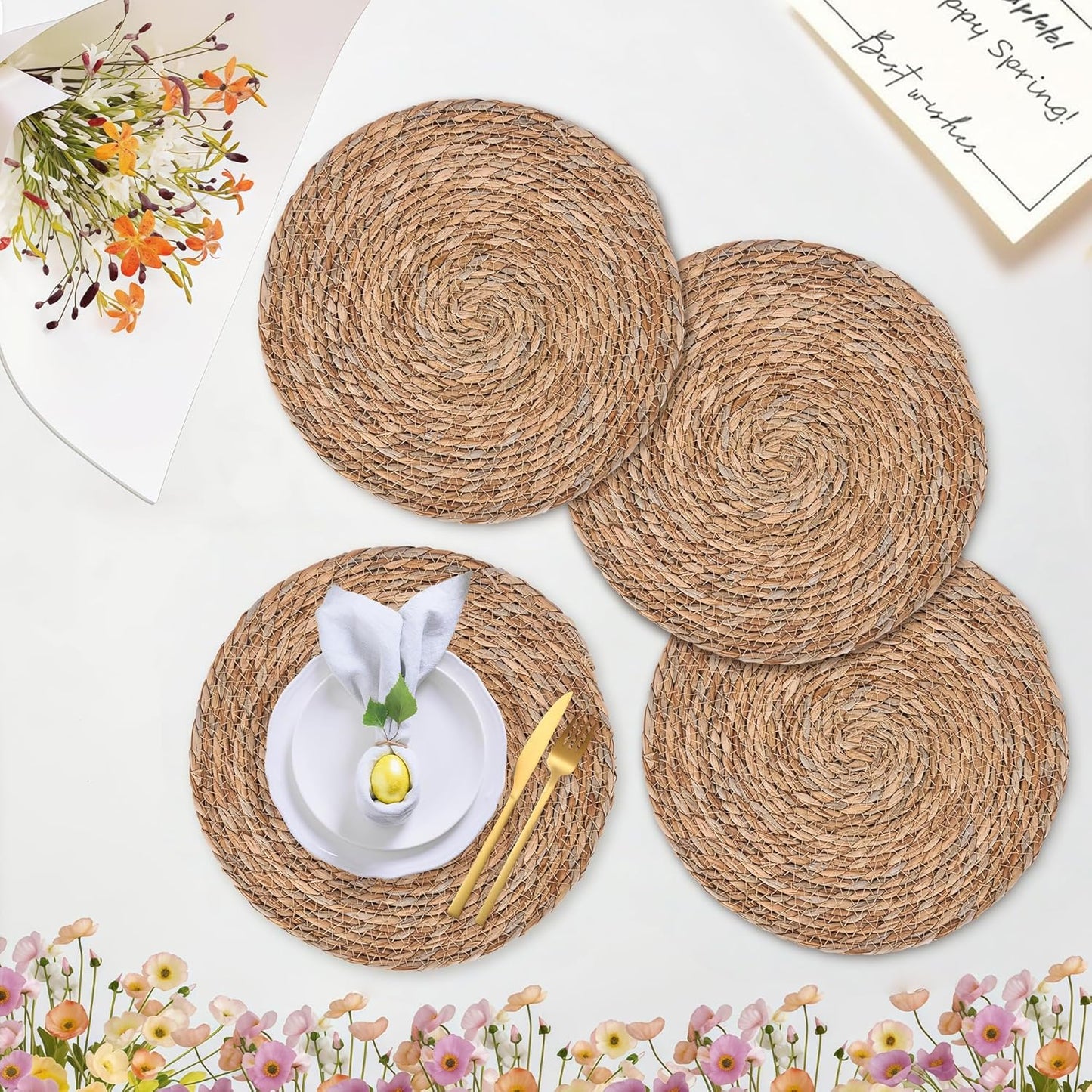 Defined Deco Woven Placemats Set of 4,13" Round Rattan Placemats,Natural Hand-Woven Water Hyacinth Placemats,Farmhouse Weave Place Mats,Rustic Braided Wicker Table Mats for Dining Table,Home,Wedding.