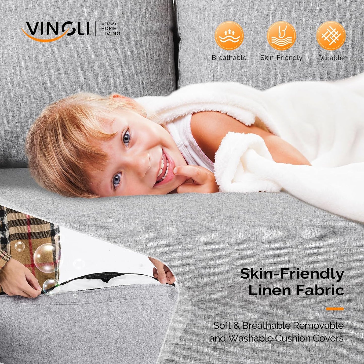 VINGLI 47" Small Couch, Linen Loveseat Sofa Light Grey Mini Couch Mid Century Modern Decor Love Seat for Small Spaces Living Room, Bedroom, Play Room