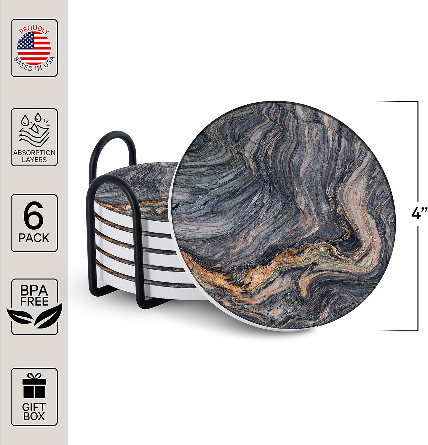 Emerson Coasters for Drinks Absorbent – Natural Stone Drink Coasters Set with Holder, Coasters for Coffee Table, Wooden Tabletop Protection Marble Style – 100% Heavy Duty Set of 6 (Magma)