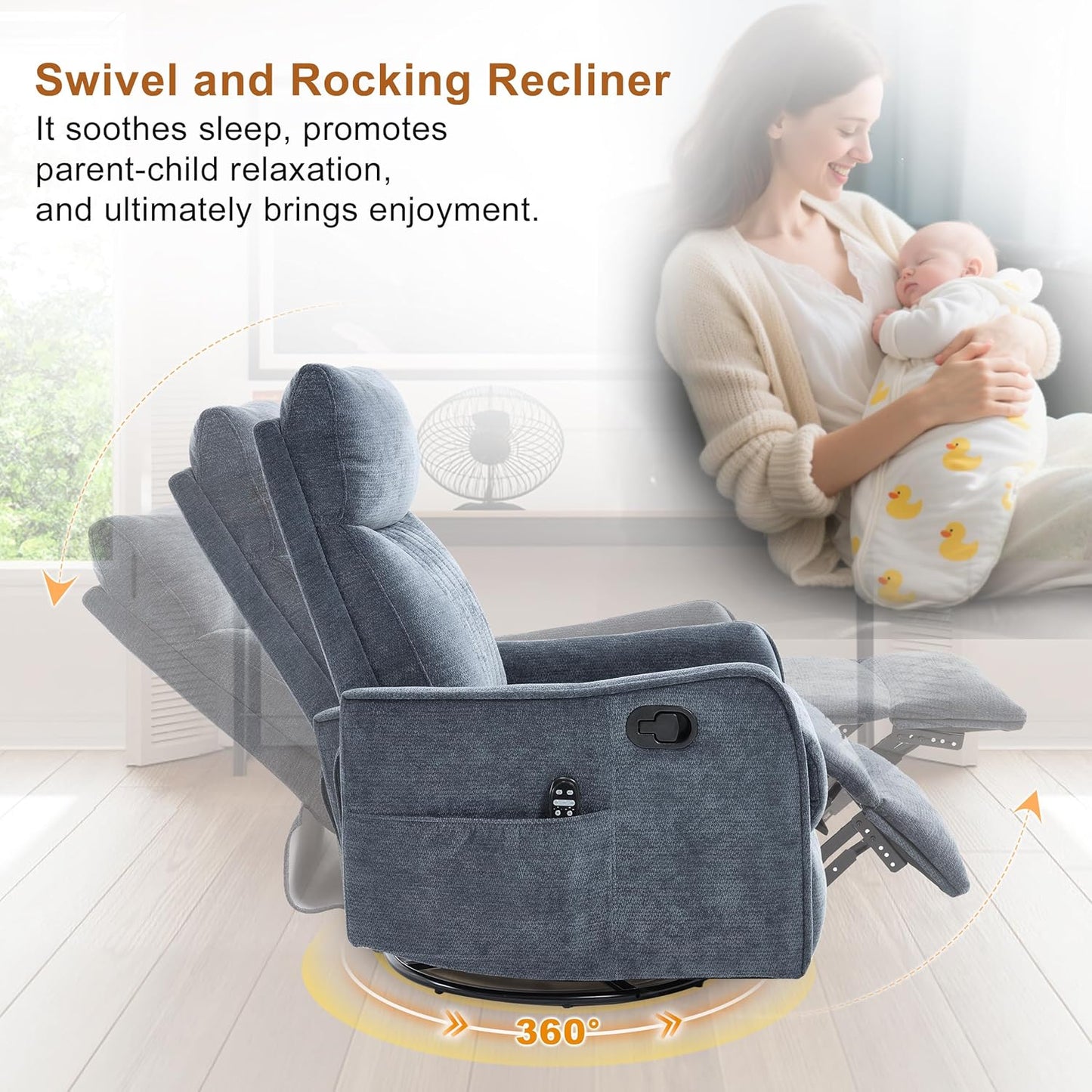 Manual Swivel Rocker Recliner Chair for Adults, Overstuffed Reclining Glider Chair for Nursing with Vibration Massage & Heat, Living Room Rocking Recliner 2-Stage backrest, Chenille Fabric Blue