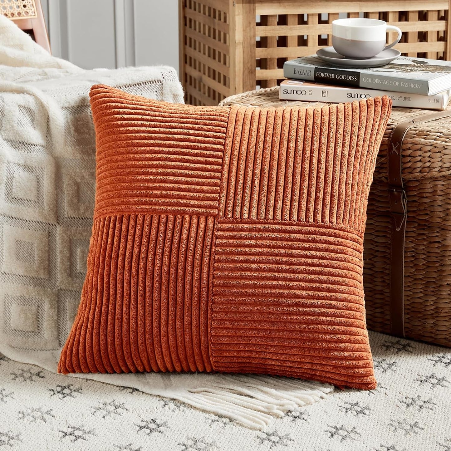 Fancy Homi Set of 2 Burnt Orange Decorative Throw Pillow Covers 16x16 Inch for Living Room Couch Bed, Boho Farmhouse Fall Home Decor, Soft Corss Corduroy Patchwork Textured Cushion Case 40x40 cm