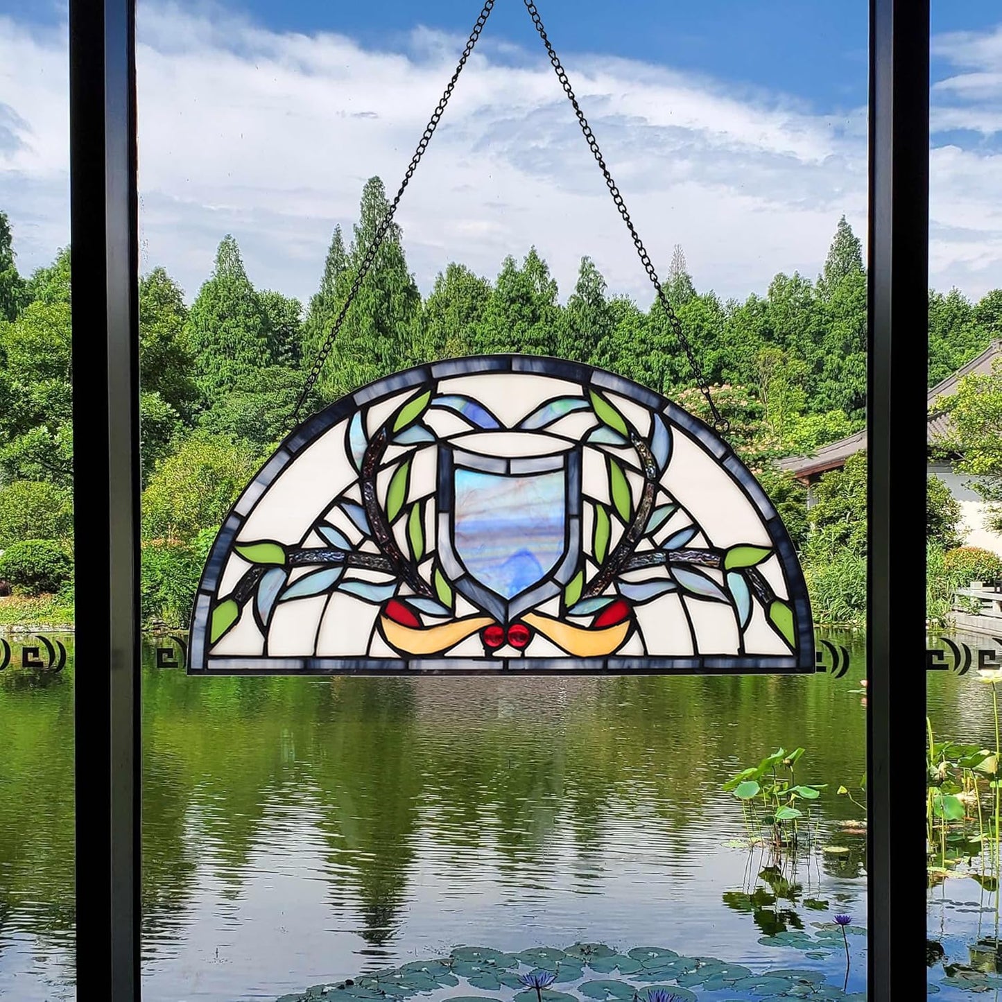 YOURANJU Half Moon Stained Glass Window Hanging Tiffany Style 16" x 8" Half-Round Window Panel Housewarming Gift Living Room Bedroom Kitchen Window Decorative Hangings with Chain (Rattan)