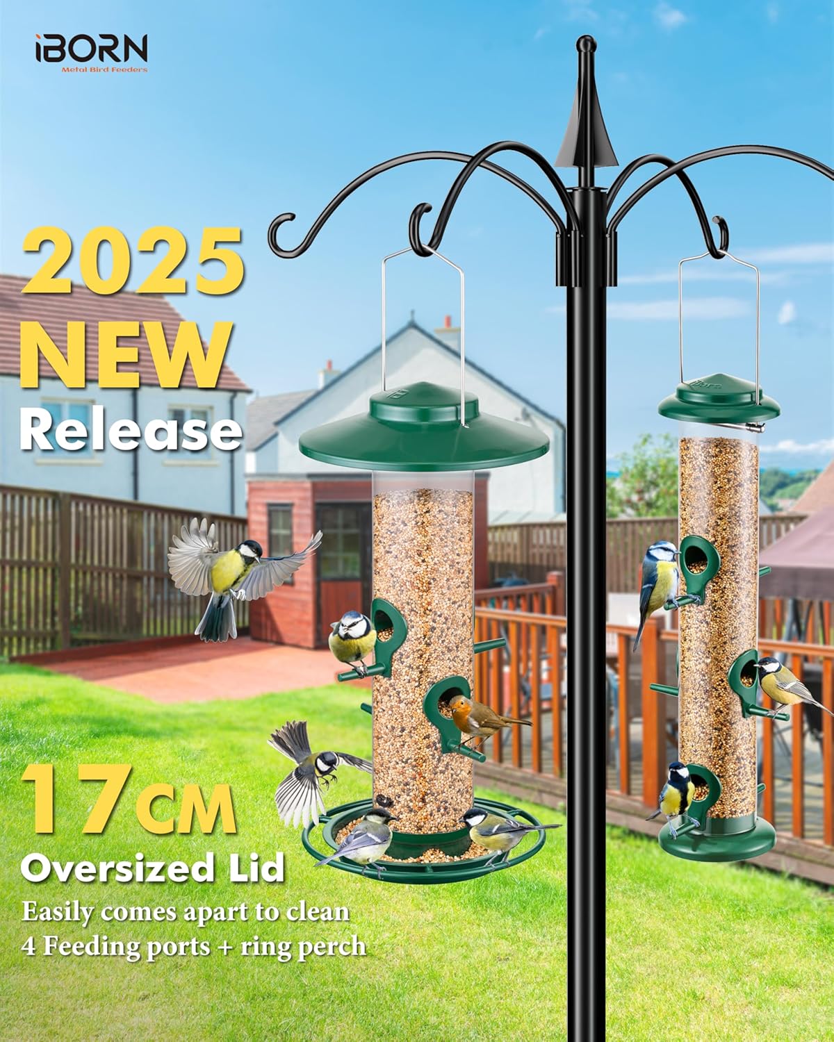 iBorn Bird Feeders for Outdoors, 2LB Metal Bird Feeders 17cm Large Roof &Tray, 4 Feeding Ports, Green Finish