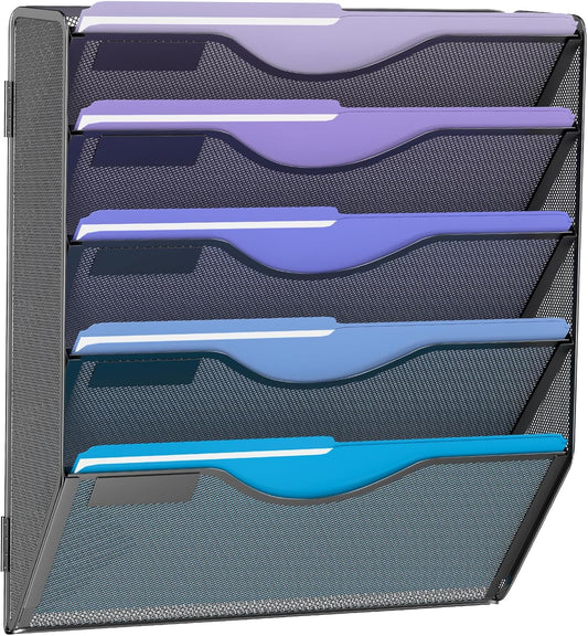 5 Tier Hanging Wall File Organizer, Mesh Mail Paper Orgnization Hanging File Folder Holder for Home Office, Black