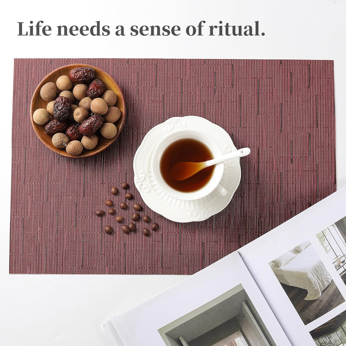 Leetaltree Burgundy Placemats Set of 6 - Heat Resistant Non-Slip Place mats for Dining Table, Washable Durable PVC Vinyl Woven Table Mats（Burgundy, 6）