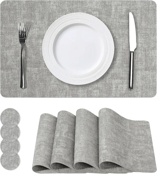 Vinyl Placemats Set of 4, Faux Leather Waterproof and Heat Resistant Place Mats, Washable Anti-Slip Table Mats with Coaster, Wipeable Placemats for Indoor & Outdoor 17" x 12" (Light Grey, Set of 4)