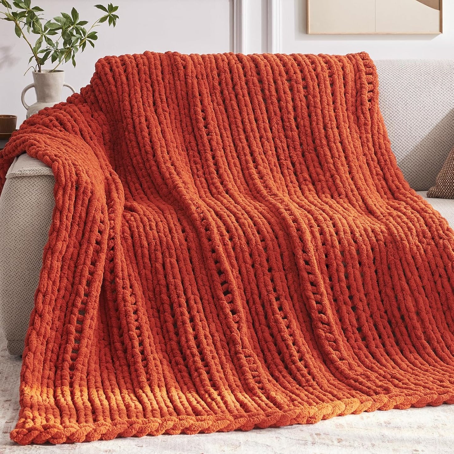Chunky Knit Throw Blanket, 60''*80'' Fall Throw Blanket Knitted Chenille Yarn for Bed Couch, Handmade Orange Crochet Big Thick Blanket, Machine Washable Cute Comfy Blankets for Home Decor