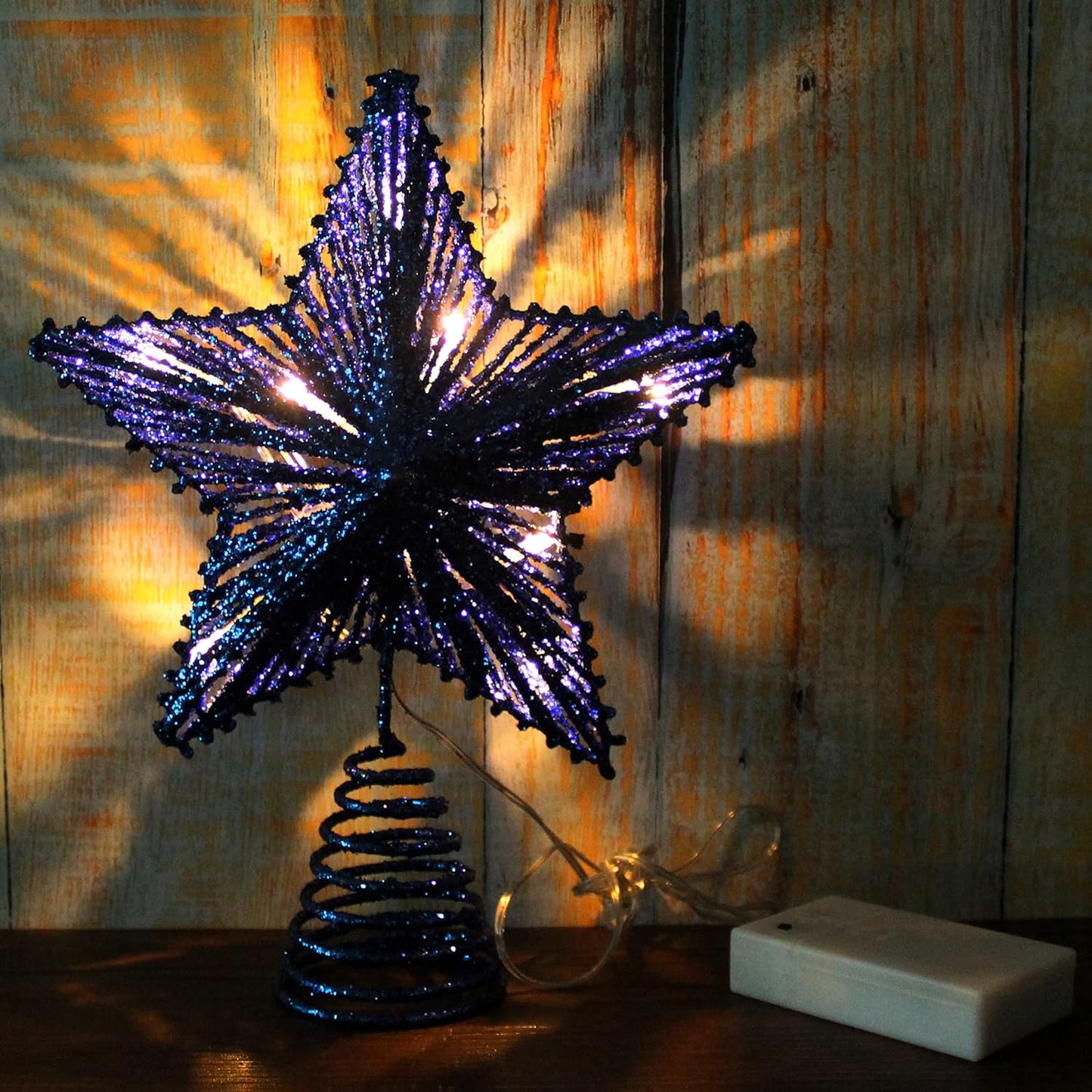 CVHOMEDECO. Blue Glittered 3D Tree Top Star with Warm White LED Lights and Timer for Christmas Ornaments and Holiday Seasonal Décor, 8 x 10 Inch