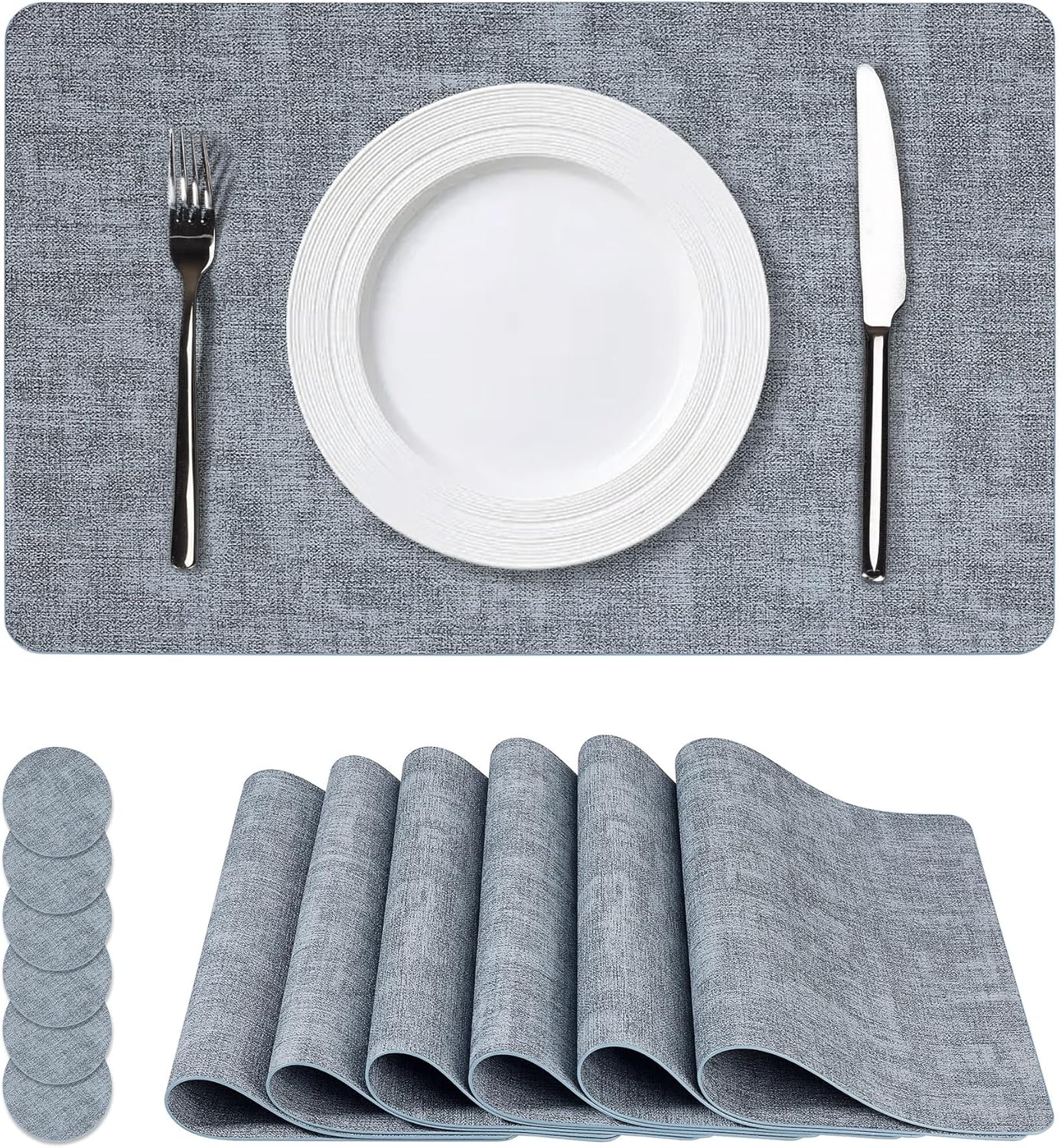 Vinyl Placemats Set of 6, Faux Leather Waterproof and Heat Resistant Place Mats, Washable Anti-Slip Table Mats with Coaster, Wipeable Placemats for Indoor & Outdoor 17" x 12" (Light Blue, Set of 6)