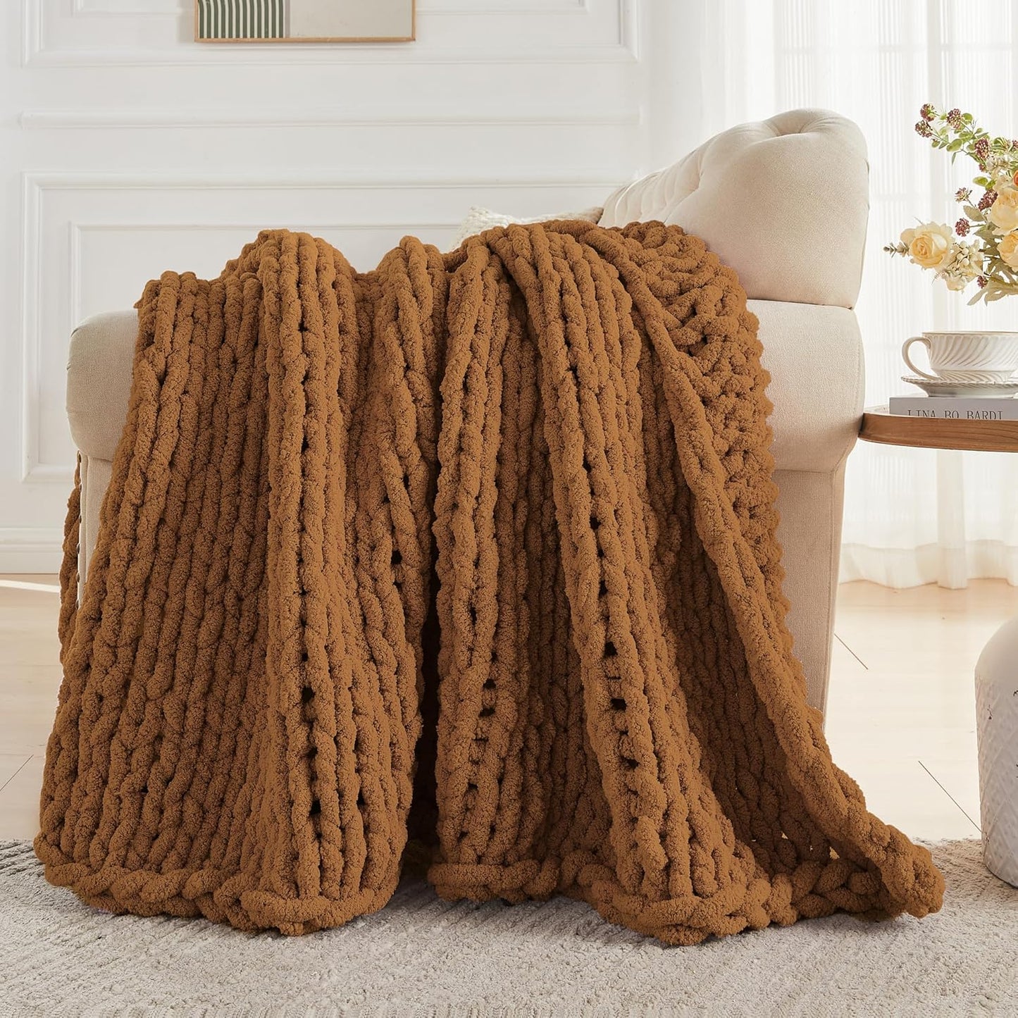Carriediosa Chunky Knit Throw Blanket 60" X 80" Twin, 100% Hand Made Large Chenille Loop Yarn Soft Fluffy Throws for Couch Sofa Bed, Big Crochet Cozy Heavy Thick Cable Woven Blanket, Light Brown