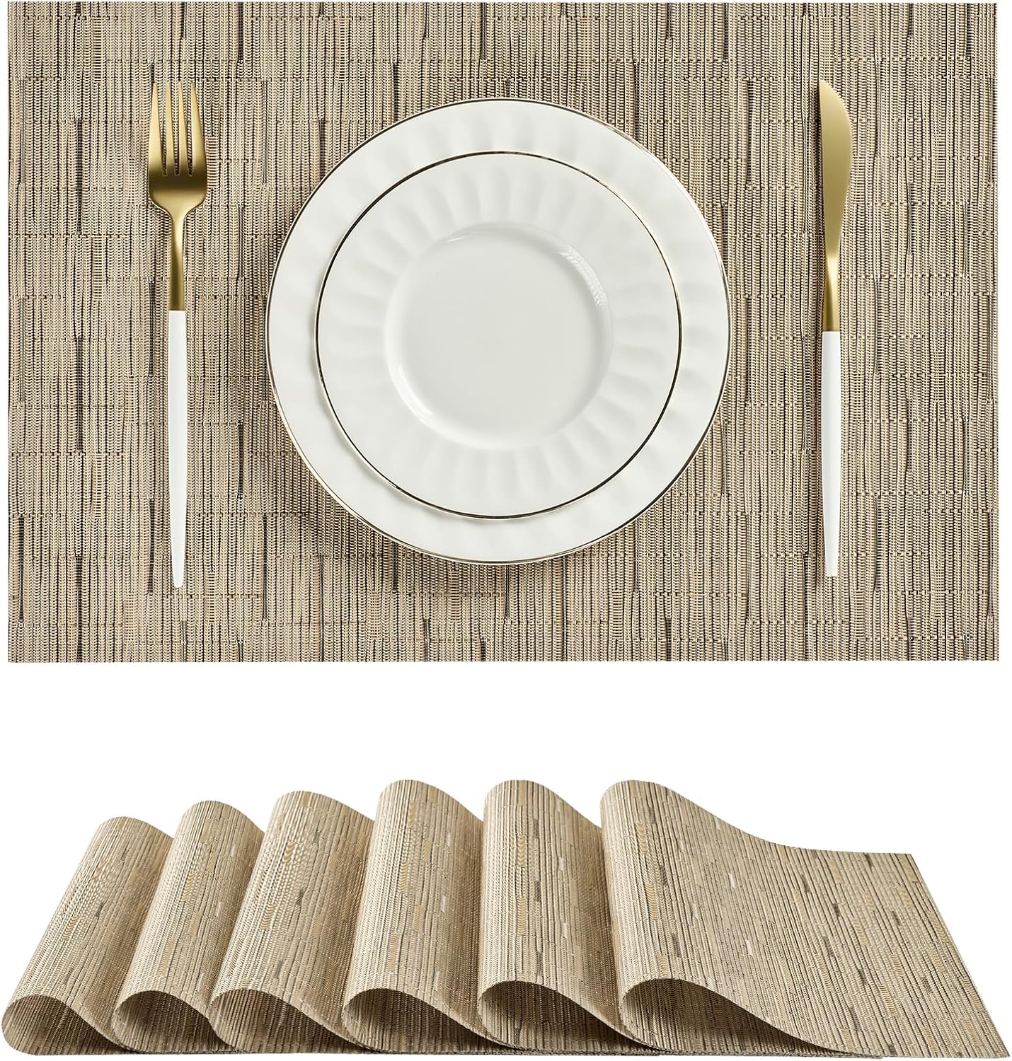 Leetaltree Light Brown Placemats Set of 6 - Heat Resistant Non-Slip Place mats for Dining Table, Washable Durable PVC Vinyl Woven Table Mats（Light Brown, 6）