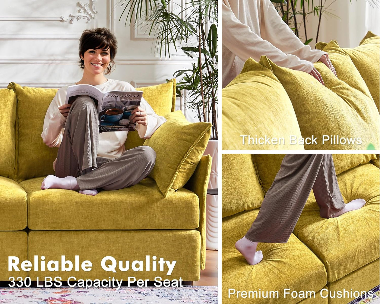 102.6" U Shaped Modular Sectional Sofa, 5 Seater Couch with Storage Ottoman Deep Seat and High Backrest with Removable Cover for Living Room, Apartment - Chenille Yellow