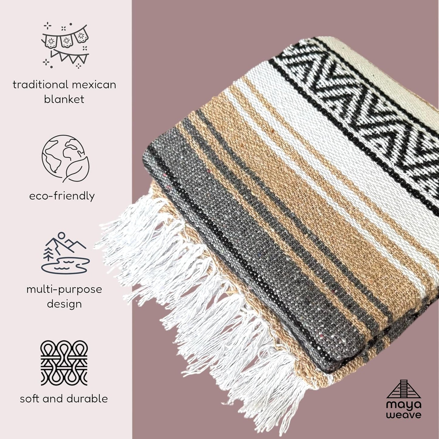 Traditional Handwoven Mexican Blanket, Large Falsa Serape - Soft & Durable - Vibrant Beach, Picnic, Yoga & Camping Mat - Lightweight Boho Throw 70"x50" (Haze)