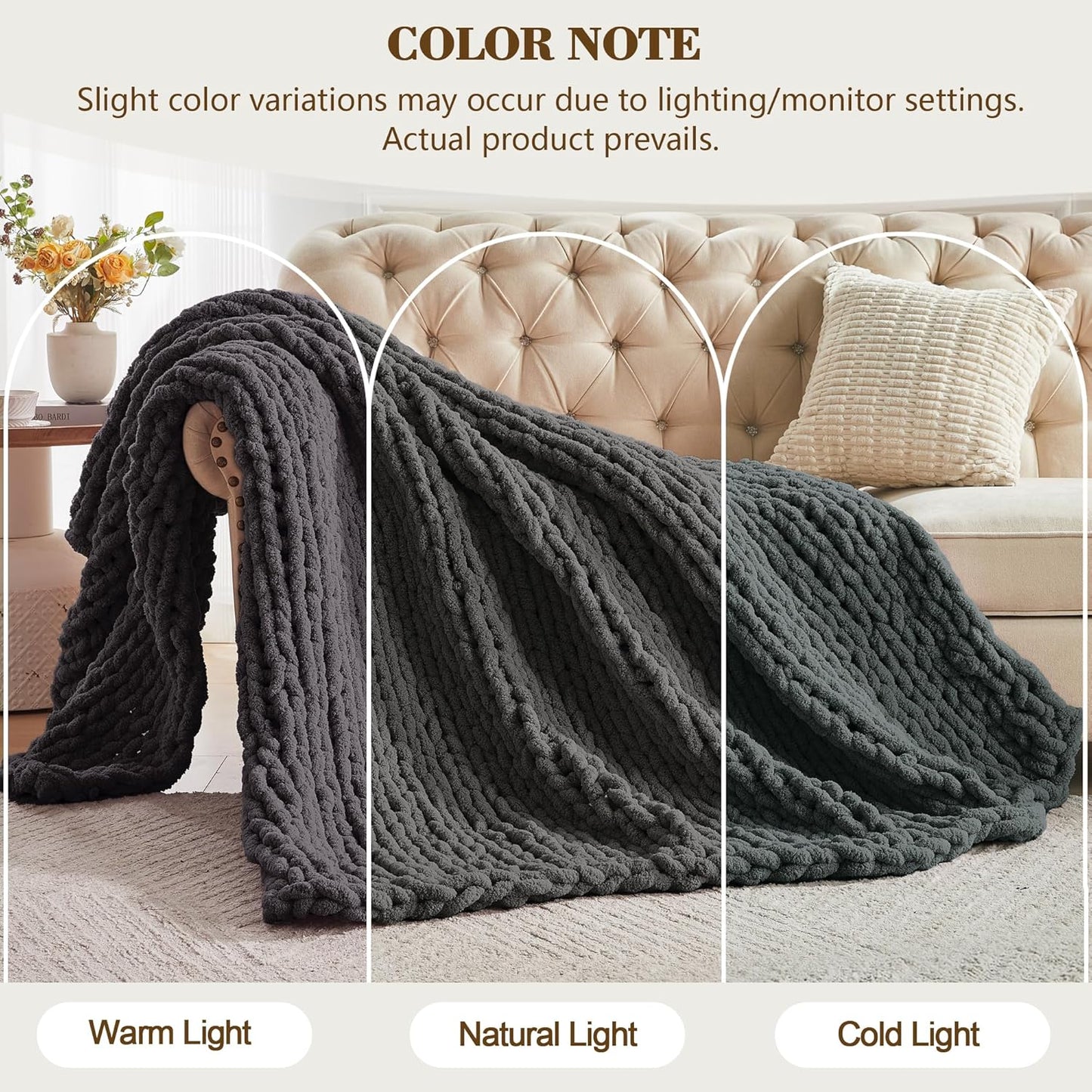 Carriediosa Chunky Knit Throw Blanket 60" X 80" Twin, 100% Hand Made Large Chenille Loop Yarn Soft Fluffy Throws for Couch Sofa Bed, Big Crochet Cozy Heavy Thick Cable Woven Blankets, Dark Grey