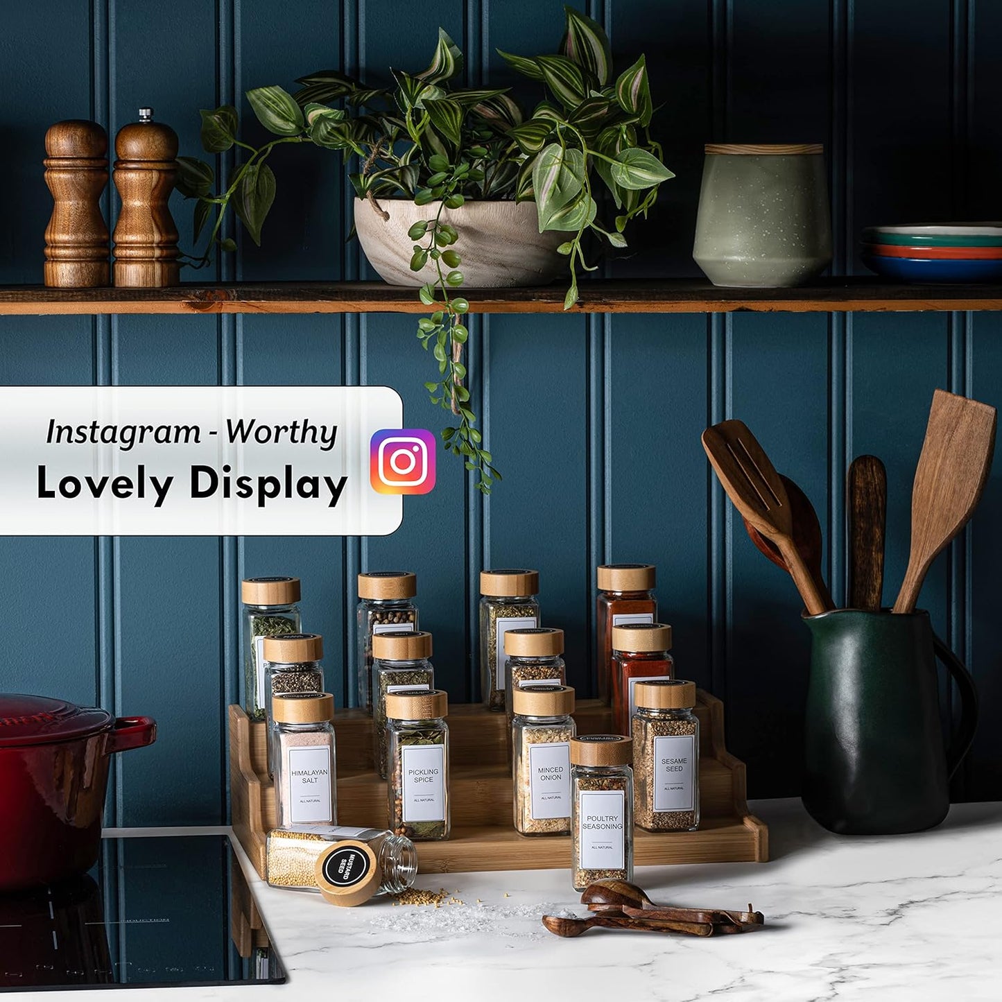 Set of 24 Glass Spice Jars with Various Labels, Bamboo Shaker Lids & Funnel, Kitchen Storage Jars with Airtight Lid, Spices & Seasonings Sets Organizer, Spice Containers, Glass Jar Food Canister