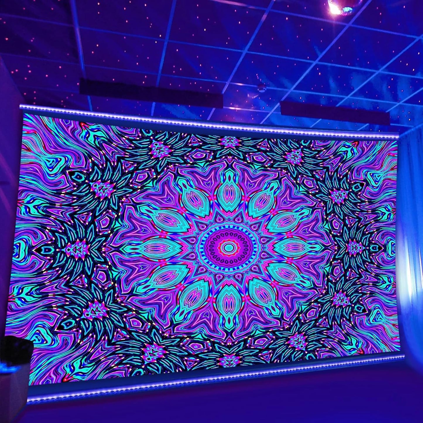 PSYHILAR Blacklight Mandala Tapestry for Bedroom, Psychedelic Black Light Posters for Adults and Teens, Neon UV Reactive Aesthetic Bohemian Art Wall Hanging Decor (90 x 70 Inches)