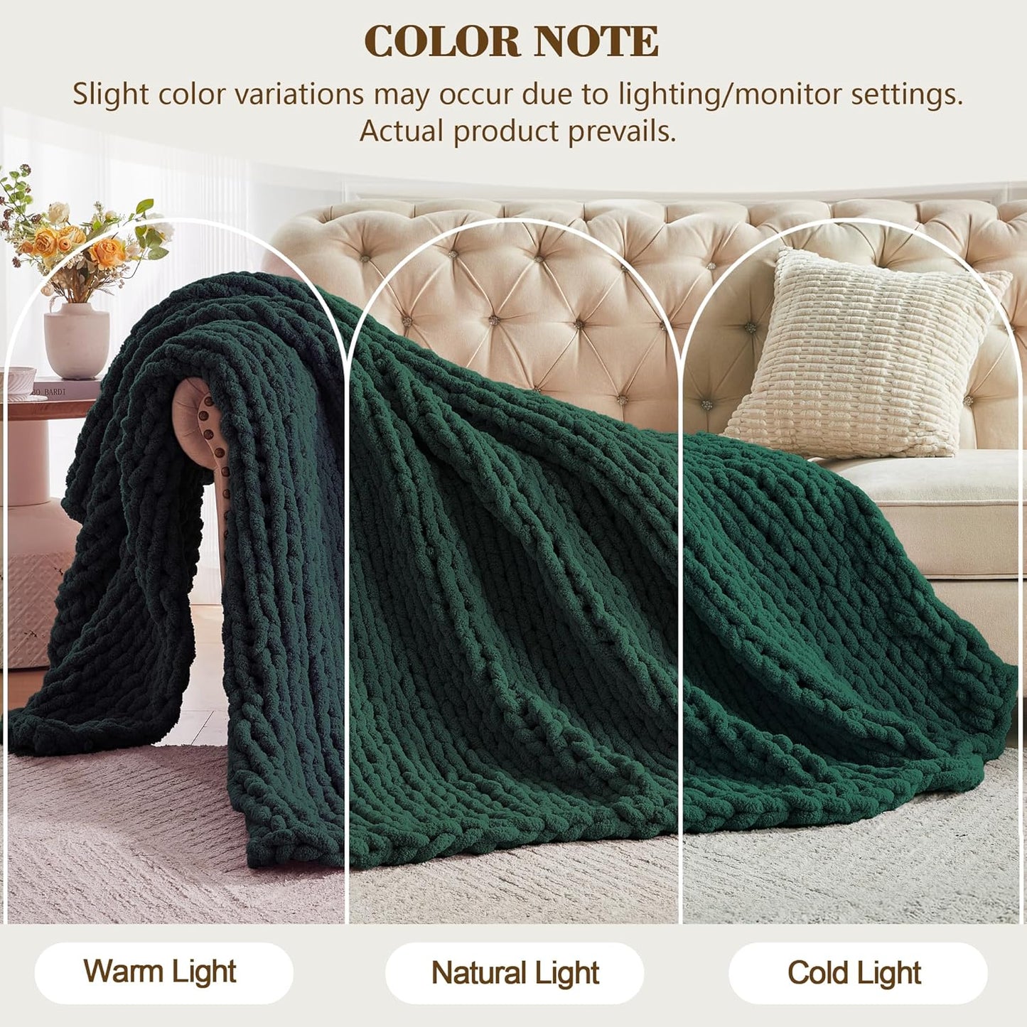 Carriediosa Chunky Knit Throw Blanket 50" X 60", 100% Hand Made Large Chenille Loop Yarn Soft Fluffy Throws for Couch Sofa Bed, Big Crochet Cozy Heavy Thick Cable Woven Blankets, Dark Green