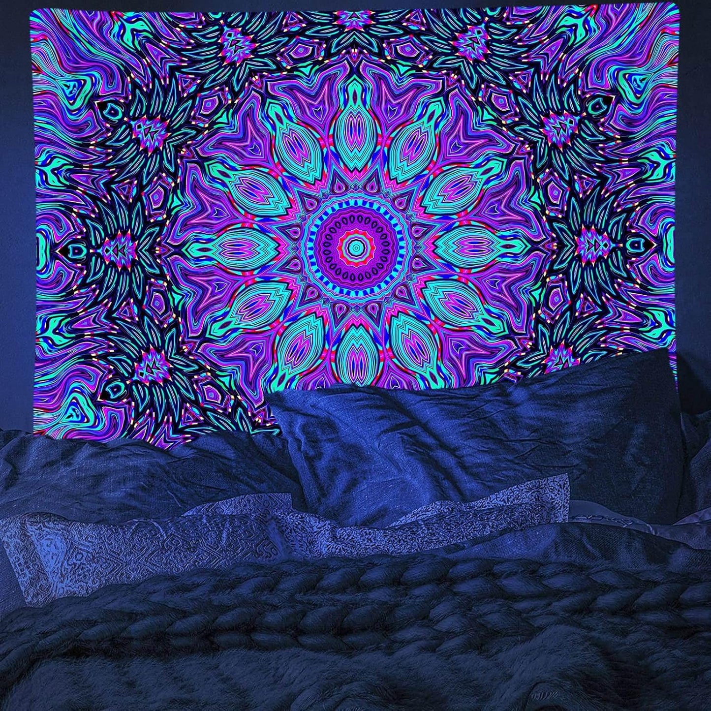 PSYHILAR Blacklight Mandala Tapestry for Bedroom, Psychedelic Black Light Posters for Adults and Teens, Neon UV Reactive Aesthetic Bohemian Art Wall Hanging Decor (90 x 70 Inches)